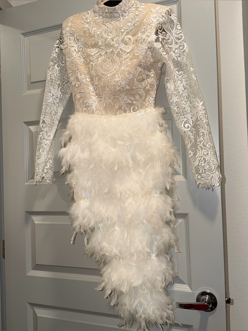 White 'Oiseau' Asymmetrical Feather Lace Dress